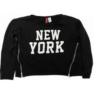 H&M New York Graphic Sweatshirt Women's Small Black Zip Detail Crewneck
